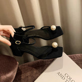 Zapatos de verano para mujer con punta cuadrada y tacón alto de perla